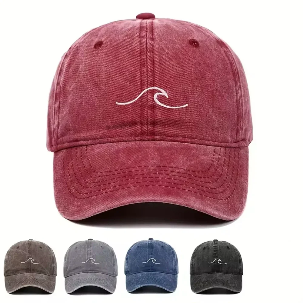 

1Pcs Neutral and Fashionable Wave Pattern Embroidered Baseball Cap, Retro Washed Duckbill Cap Suitable For Outdoor Sports