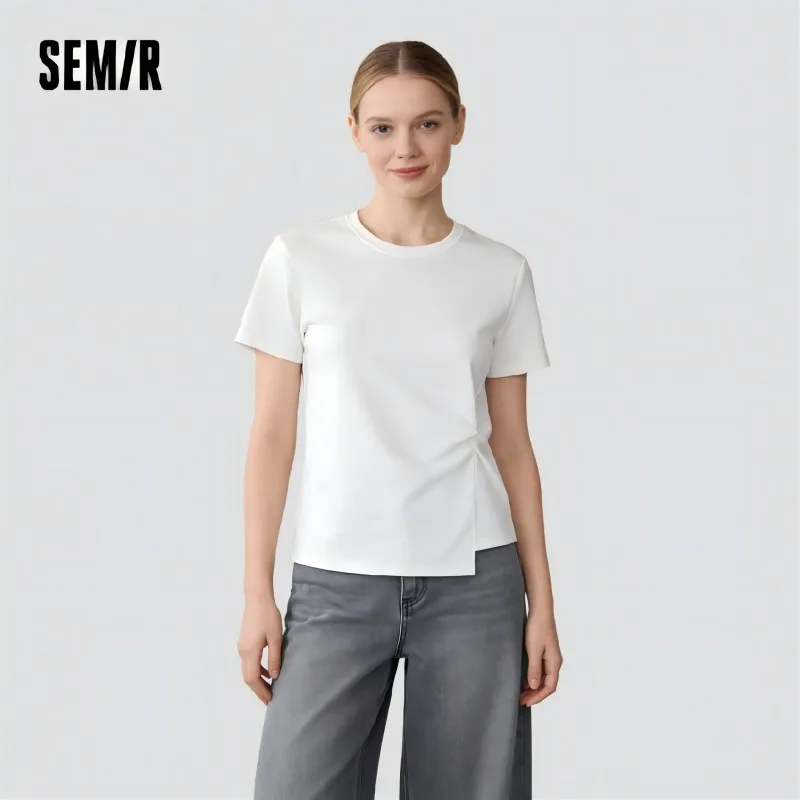 Semir Womens Tshirt 2026 Short Style Solid Slim Regular Shoulder Knot Asymmetric Design Casual Soft