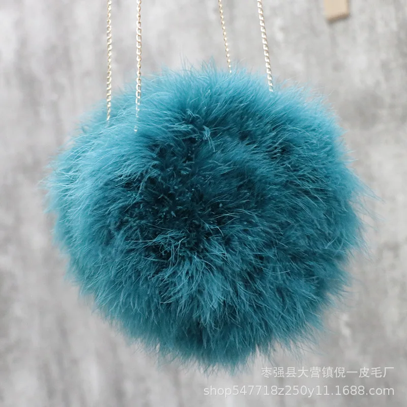 Luxury Women Ostrich Feather Evening Bags Female Party Wedding Dress Shoulder Clutch Fairy autumn and winter round chain Handbag