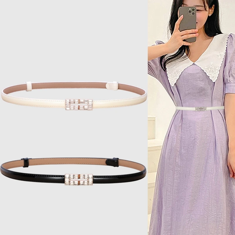 

Women's Belt Dress Genuine Leather Skinny Patent Leather Belts Gold Rectangle Shiny Rhinestone Buckle Belt