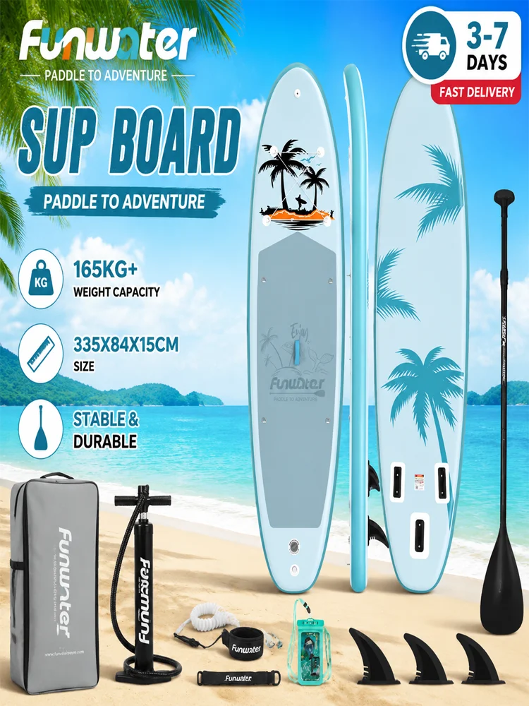 FunWater SUPFW37A Stand Up Paddle Board 335*84*15cm, GoPro-Halterung, UV-Druck, Drei Gleitflossen, 3D-geprägtes EVA-Antirutschpad, Bungee-Seil, D-Ring für Sitzmontage