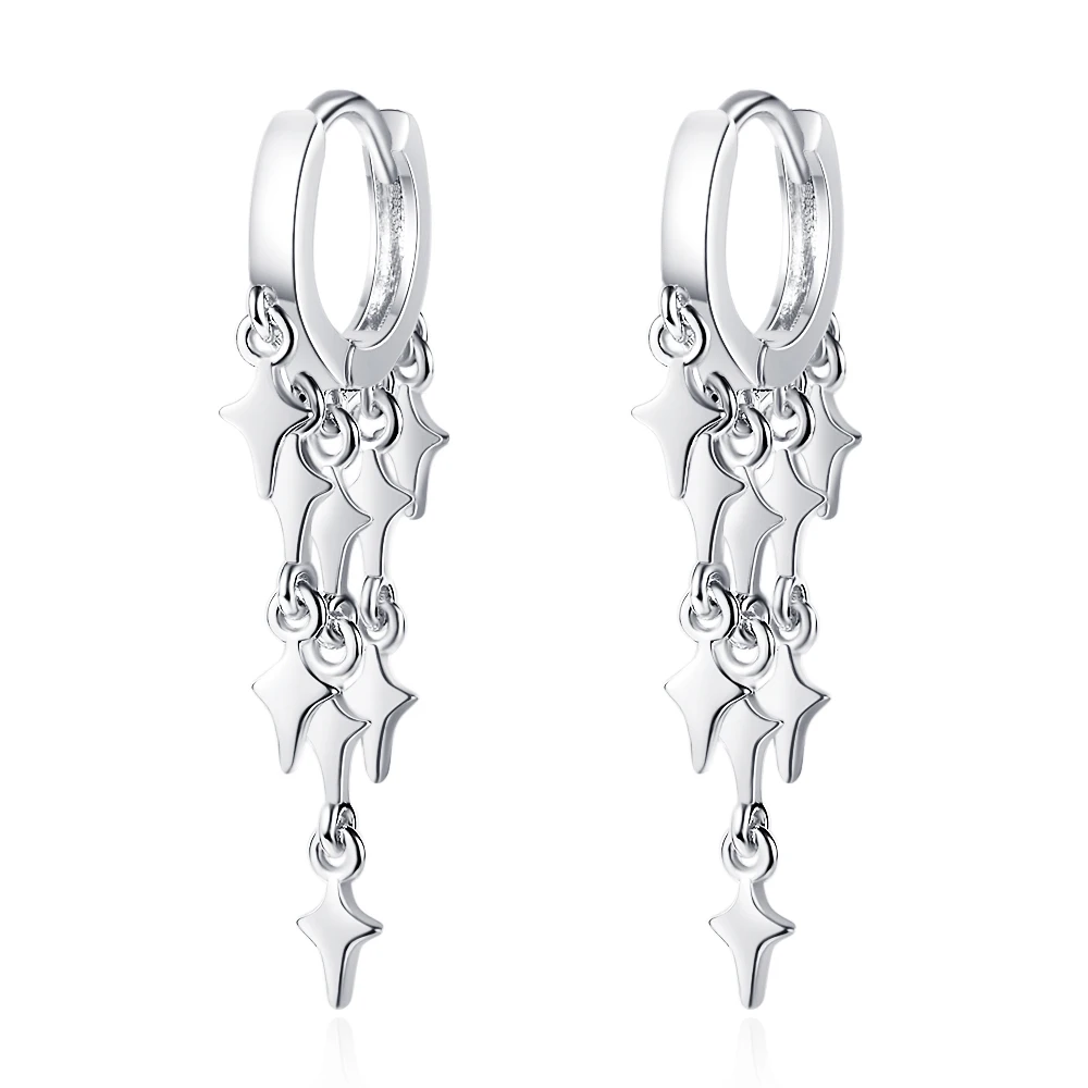 Real 925 Sterling Silver Lightning Star Long Tassel Hoop Earrings For Women Mother's Day Jewelry Creole Huggies DA3139 - view 5