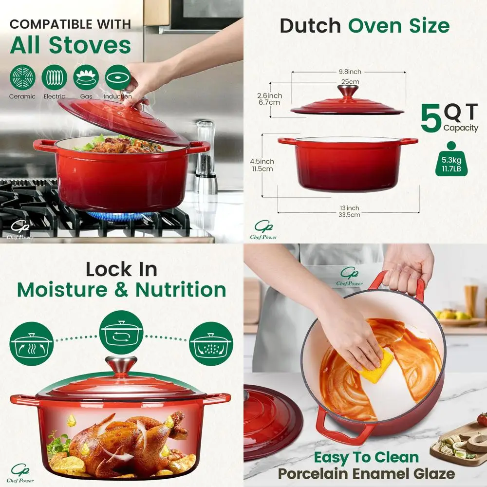 

5-Quart Enameled Cast Iron Dutch Oven, Gradient Red, Ideal for Baking Bread, Braising, Stews, and Roasting