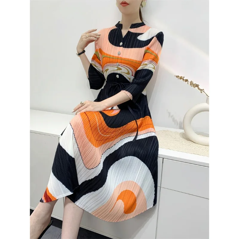 GGHK Pleated Printed Women Dress 2024 Spring and Autumn New V-Neck Tie Design Loose Large Size Dresses Holiday Clothing