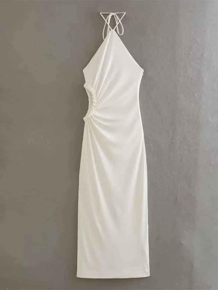 

Women New Chic Fashion Pleated opening design halter Neck Midi Dress Sleeveless backless Female Dresses robe Mujer 7981636