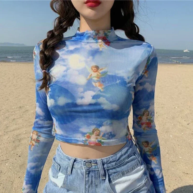 Angle Printed Transparent Mesh Sexy T-Shirt Women O-Neck Long Sleeve Slim Basic Casual Female Short Tops 2024 Spring New