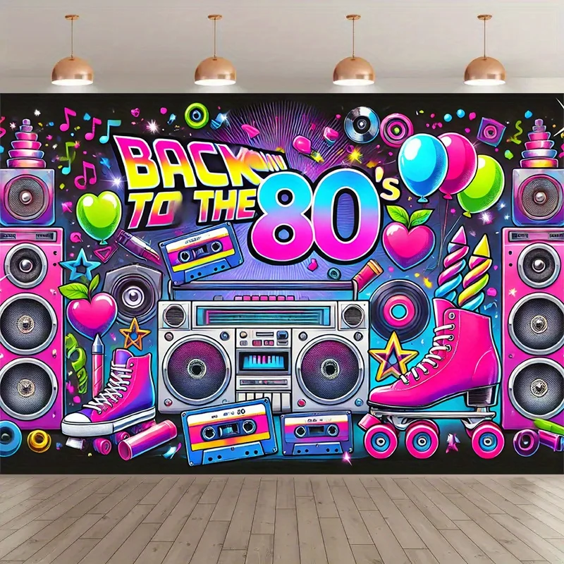 Retro 80s party background - polyester background, neon lights, tapes, amplifiers and the text 