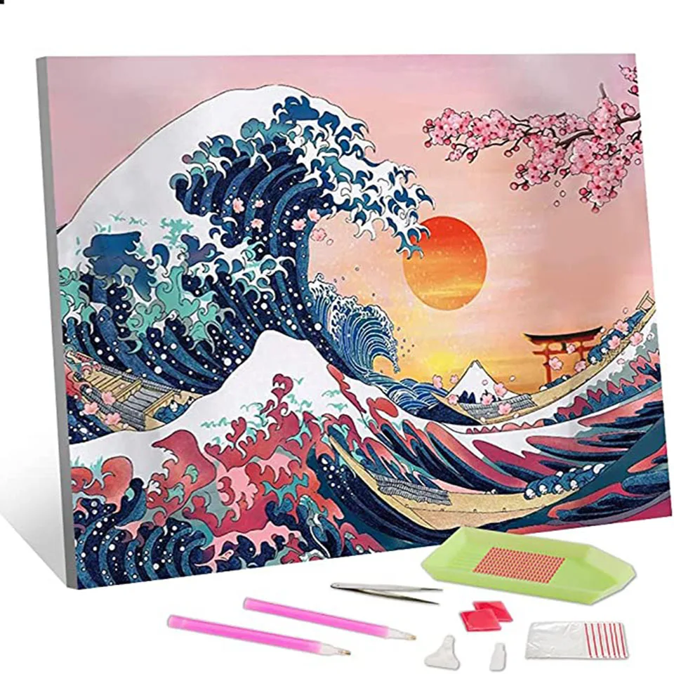 

5D Diamond Painting Great Wave with Sunset and Cherry Blossoms Full Diamond Embroidery Kanagawa Art Cross Stitch Home Decor Gift