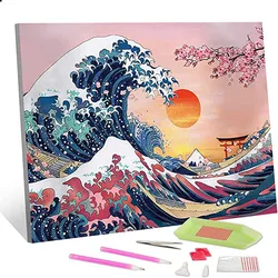 5D Diamond Painting Great Wave with Sunset and Cherry Blossoms Full Diamond Embroidery Kanagawa Art Cross Stitch Home Decor Gift