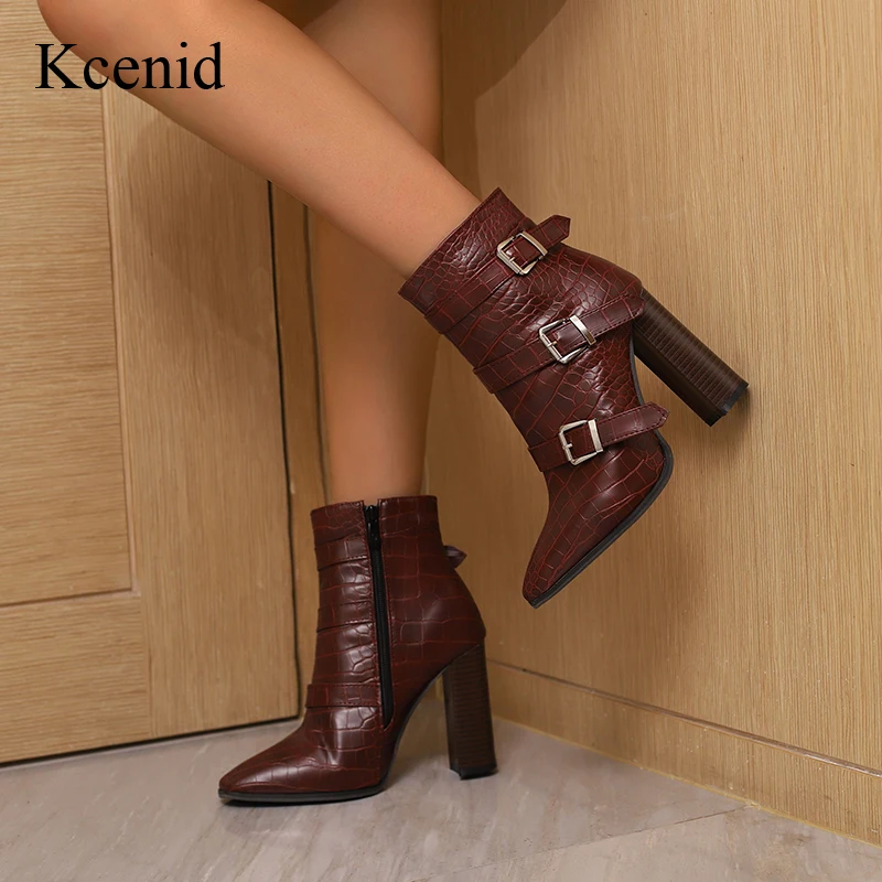 

Kcenid Autumn Winter Square Toe Women Ankle Boots Fashion Belt Buckle Thick Heel Short Female Buckle Ladies Plus Size 35-50