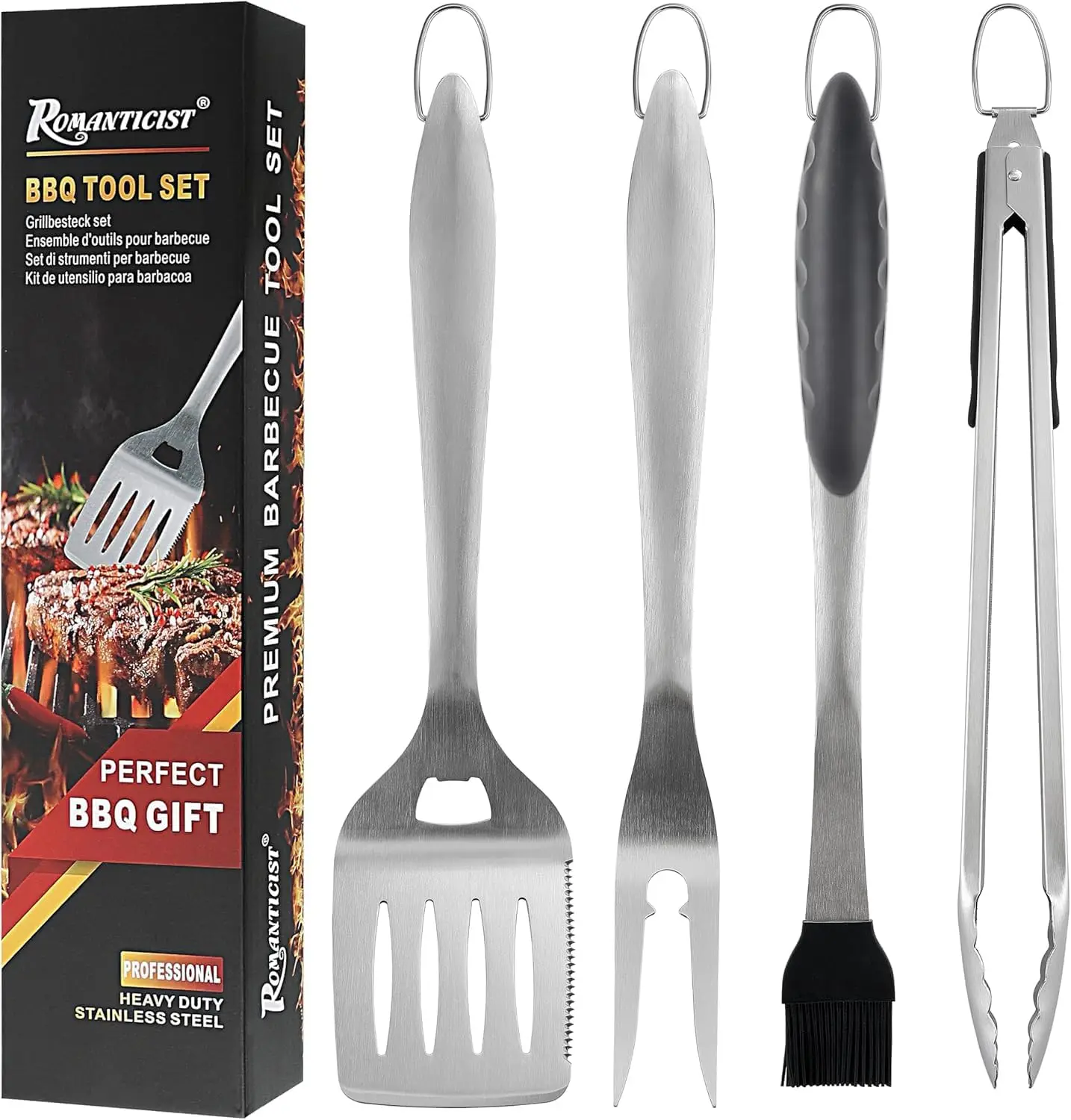 

Heavy Duty Grill Tool Set with Spatula, Fork, Tongs & Basting Brush for BBQ Outdoor Kitchen, Deluxe Gift for Dad