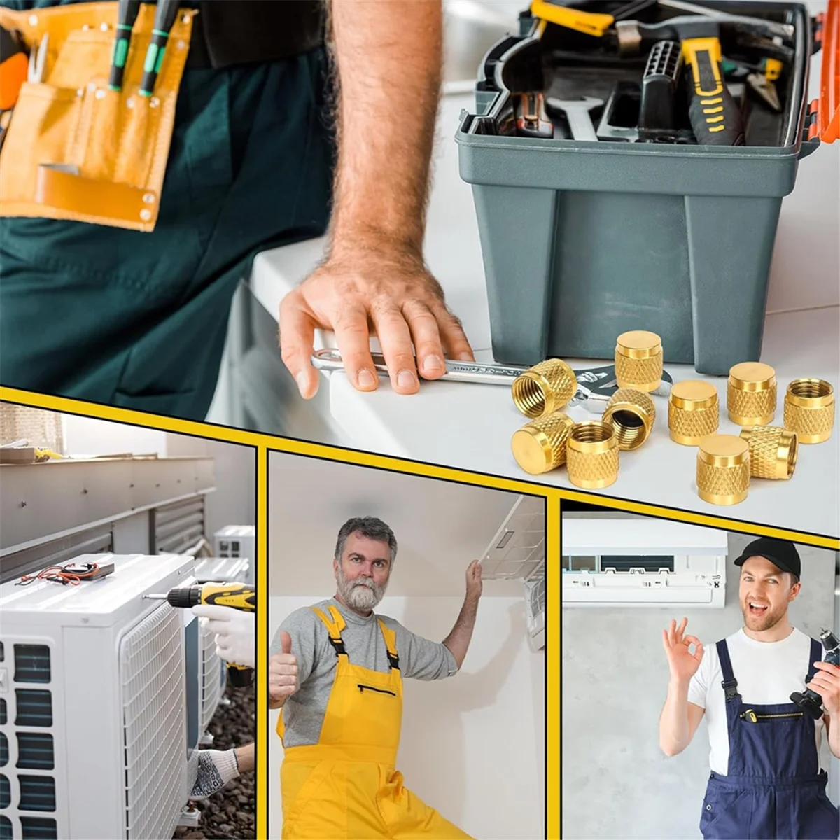 Penutup Flare 1/4, Kuningan Bulat dengan Segel O-ring Neoprene, Penutup Katup HVAC, Penutup Kunci Refrigeran, Penutup Kunci HVAC 10 Buah