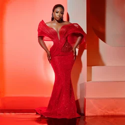 Gorgeous Red African Prom Dresses 3D Pleated Off Shoulder Beaded Lace Bridal Shoot Dress Aso Ebi Gown Wedding Reception Dresses