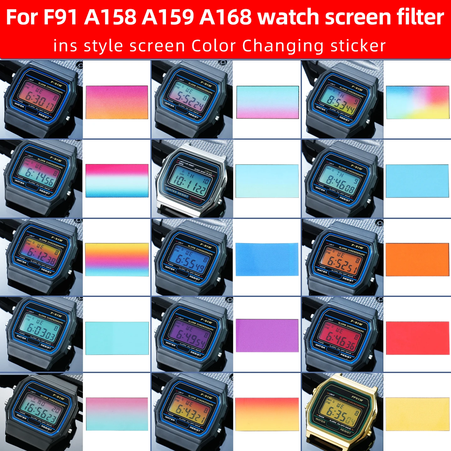 28 verschiedene Farbfolien für Display-Bildschirme, DIY-Aufkleber im Ins-Stil, HD-Folienaufkleber für Casio F91 A158 A159 A168 F105 – Detail 1