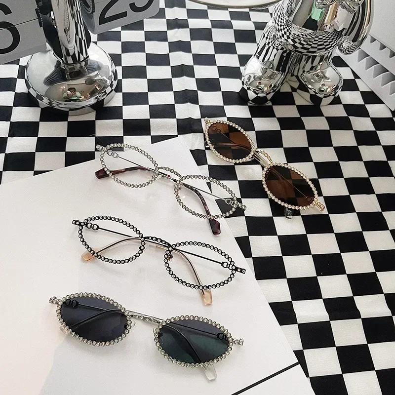 Vintage Full Crystal Anti-blue Light okulary dla kobiet nowy stop mały owalny Rhinestone błyszczące przezroczyste okulary ramka okularów przeciwsłonecznych — zdjęcie 6