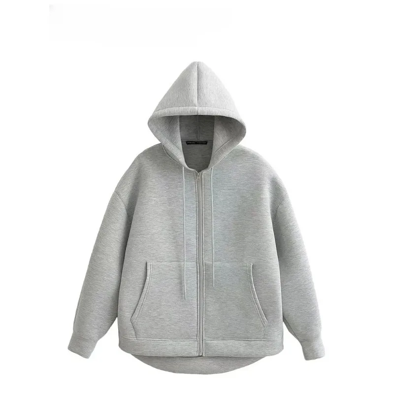 

Autumn Women Gray Jacket With Hood Long Sleeve Big Pocket Zipper Jacket Coat Woman Loose Casual Outerwear Coat Tops