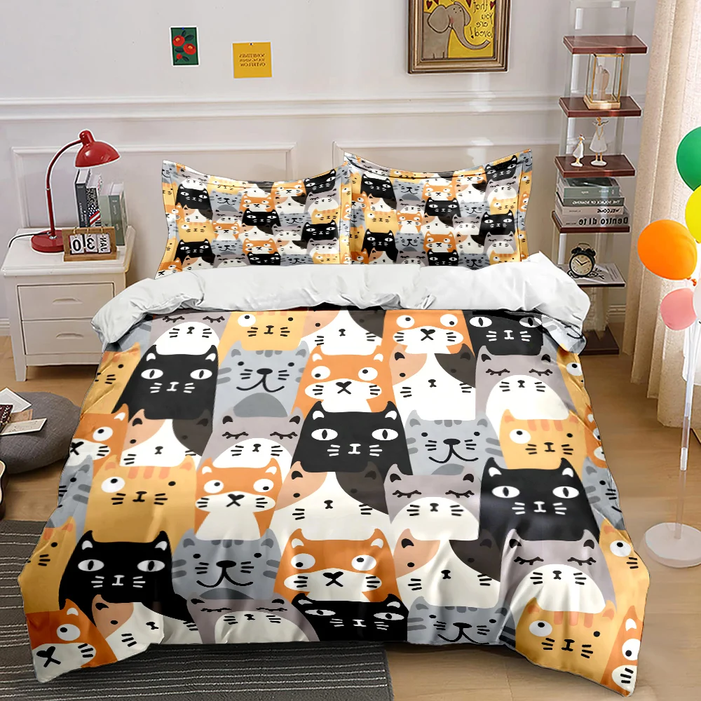 A Fun Background Pattern of Cartoon Cats Bedding Set 1 Duvet Cover 2 Pillowcases for Adult and Children Luxury Gift Full Size
