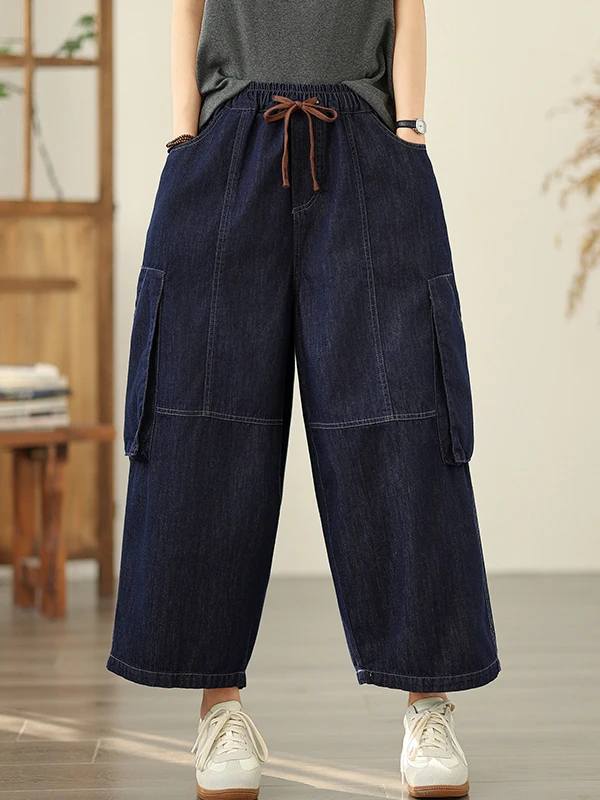 

Loose Fit Casual Denim Jeans Deep Blue Trendy Wide Leg Pants Large kets Harlan Sle Eight Nine Points Ladies Jeans