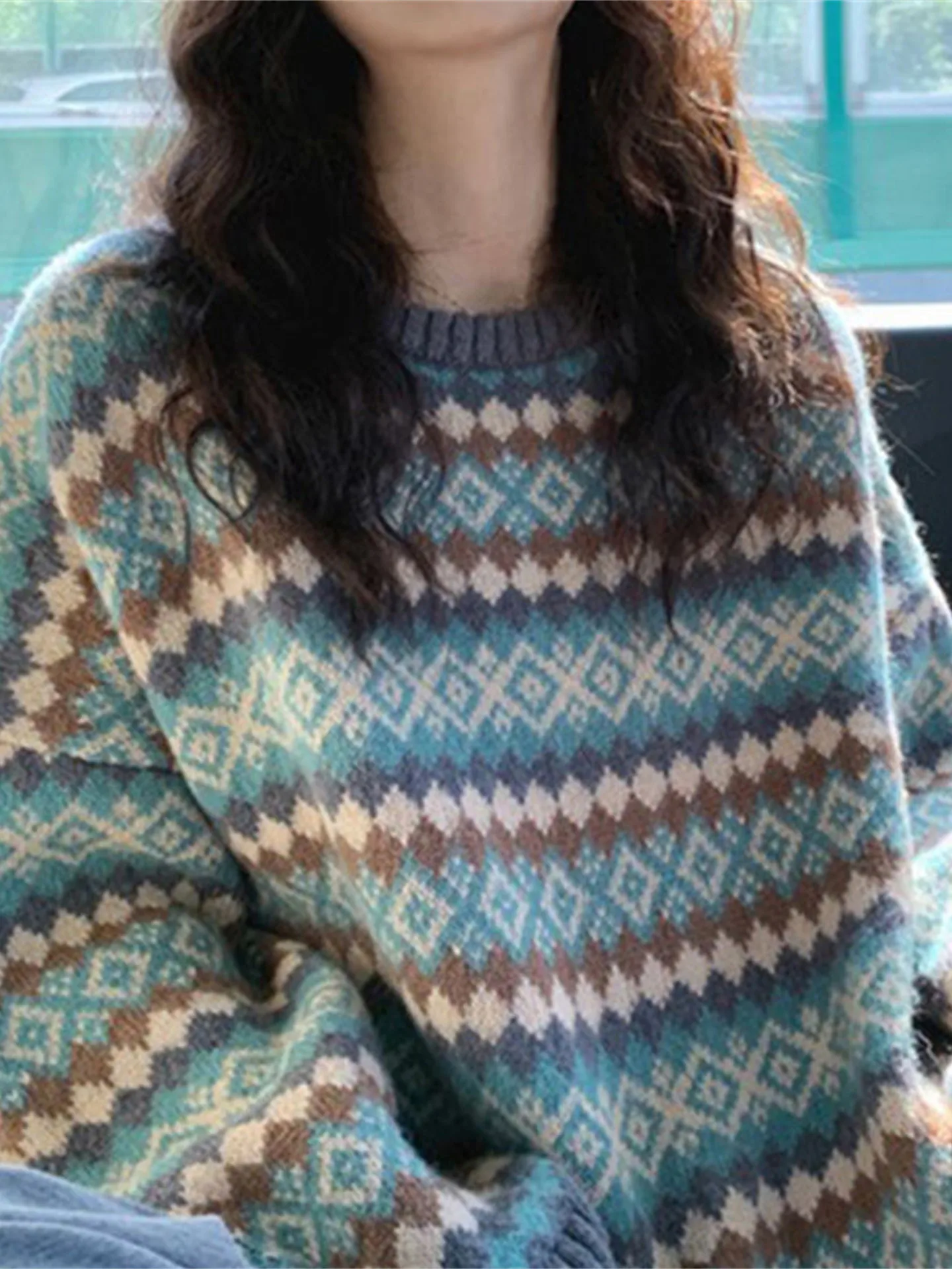 

Retro Japanese Sle Striped Knitwear Women's Winter Fair Isle Lazy High-End Feeling Overhead Sweater Loose Fit Long Sve