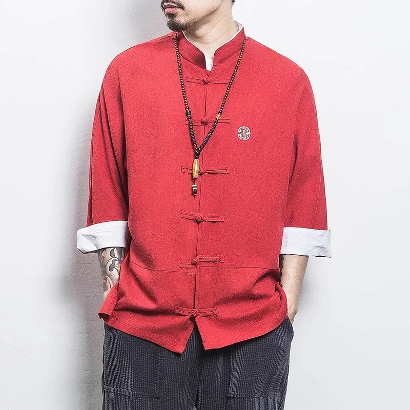 

2025 Summer Men Chinese Style Hanfu Shirt Mens Tops Tang Suit Linen Solid Traditional Kung Fu Shirts Male Cotton Linen Shirts