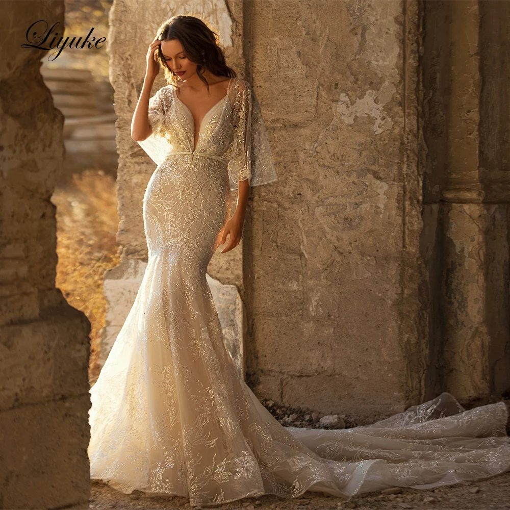 Liyuke Luxury Edecorated with shiny lace Mermaid Wedding Dress Decorated With Beads Uniquely Shaped Cape V-Neck Bridal Gowns