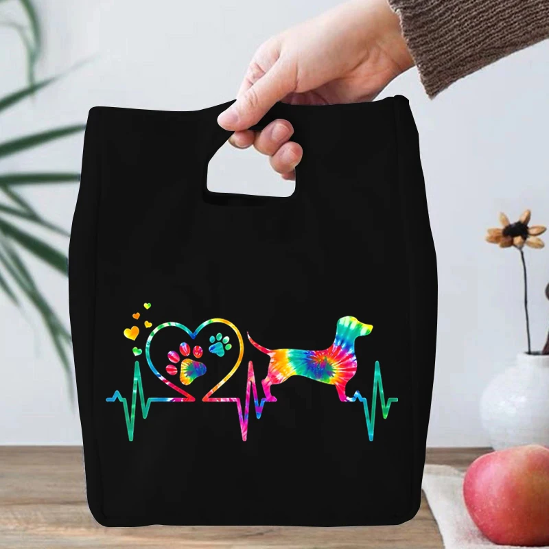 Colour Heart Dog Paw Lunch Bag for Kids Women Black Animal Paw Insulated Cooler Lunch Box for School Work Women Picnic Beach