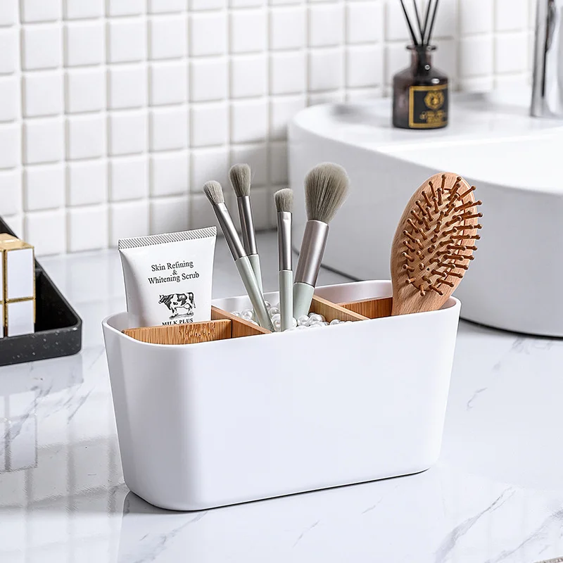 Organizador de brochas de maquillaje de bambú con 5 compartimentos 4