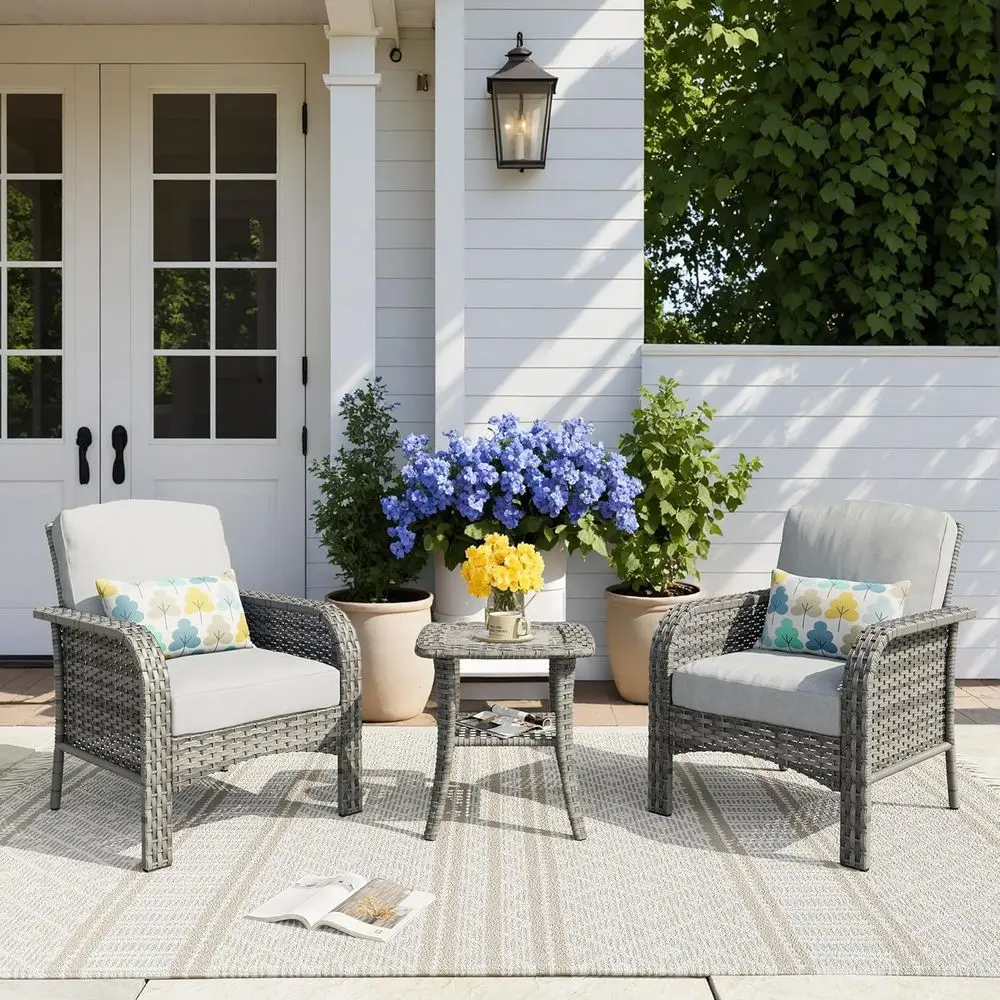 

3-Piece Outdoor Wicker Bistro Set with High Back Chairs and Side Table, Light Gray