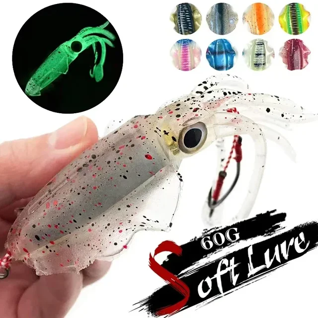 ZUKIBO Soft Squid Bait Fishing Trolling Lure Octopus Head Jigs 60g Świecący UV Squid Jig for Deep Sea Boat Fishing Wobblers Bait