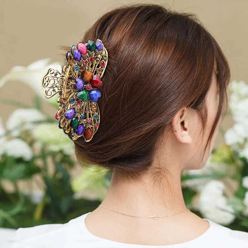 NEW Vintage Crystal Resin Flower Hair Claw Crab Jewelry  Peacock Clip Women Banquet Hairpin Accessories