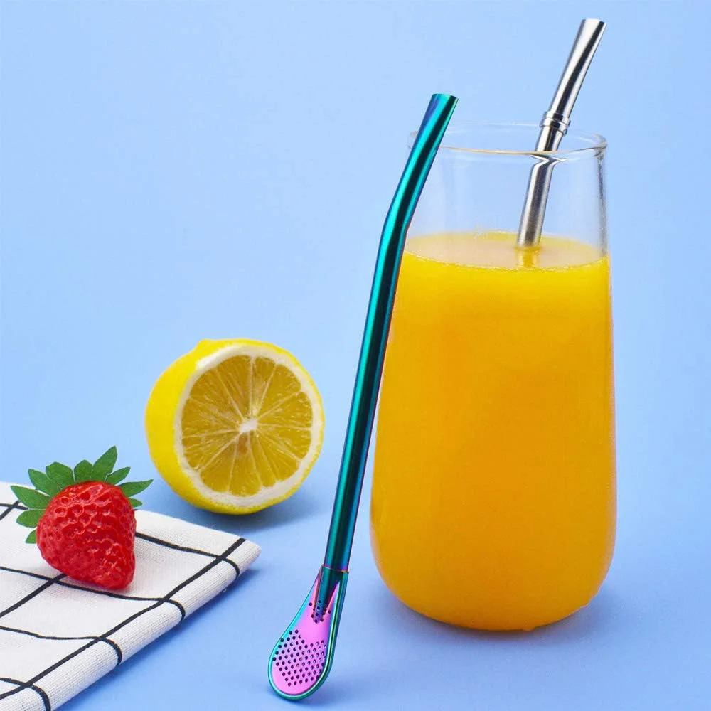 1-10Pcs 304 Stainless Steel Drinking Straw Spoon Tea Filter Reusable Bombilla Gourd Cocktail Straw Spoon Coffee Bar Accessory