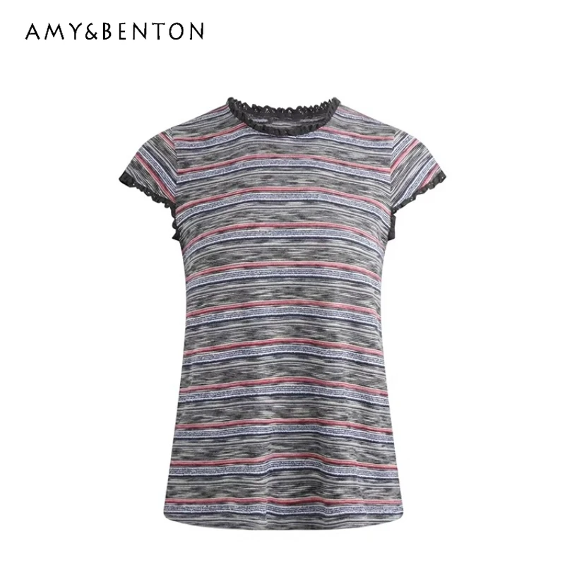 

Retro Design Lace Colorful Striped Women's Short-sleeved T-shirt 2026 New Flying Sleeves Knitted Waist-cinching T-shirts Ladies