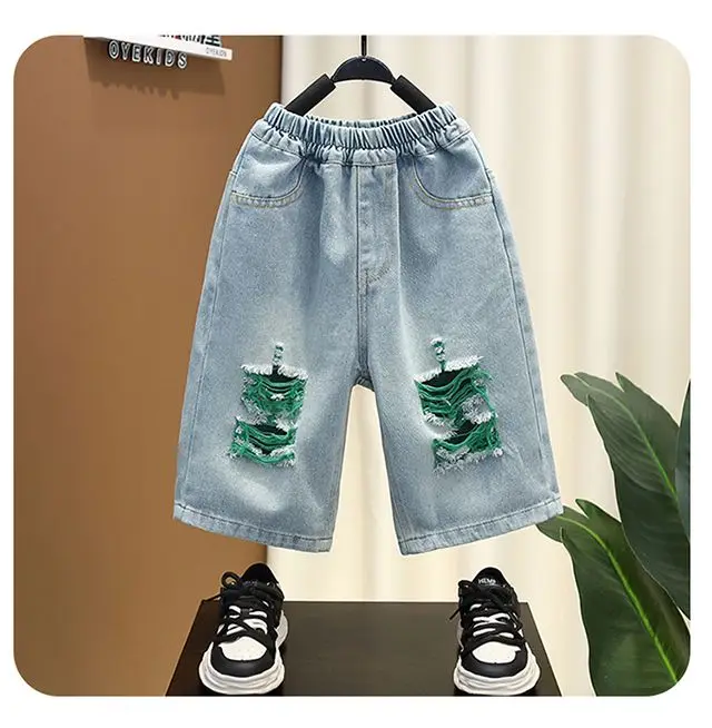 2pcs set Boys Short sleeved Set 2024 New Children\'s Printed Thin T-shirt+ hole Denim Shorts Teenager Boys Summer Fashion outfits