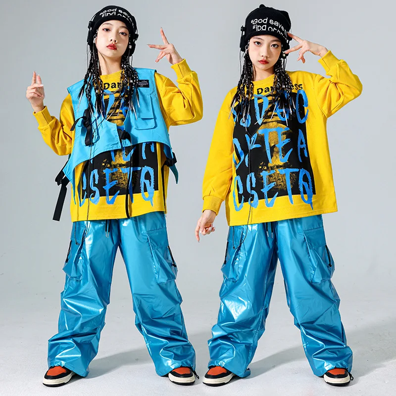Mädchen Hip Hop Kostüm Street Dance Bühnenoutfit für Kinder Jazz Dance Kleidung Streetwear Gelb Tops Blaue Hosen