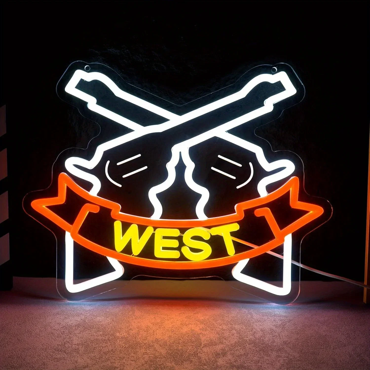 West Crossed Bones Neon Sign Western Skull LED Wall Art USB Powered Orange Yellow Decor Man Cave Party Aesthetic Hanging Light