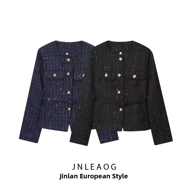 

JNLEAOG Women's Faion Design Thiened iny Sequin Jaet Spring New Sle Warm Straight Cut ort Outerwear Polyester Fiber