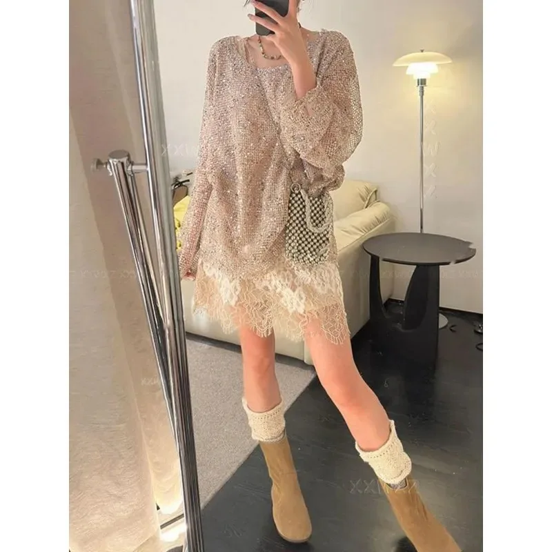 بلوفر نسائي بلون سادة كاجوال بأكمام طويلة ومطرز وفضفاض