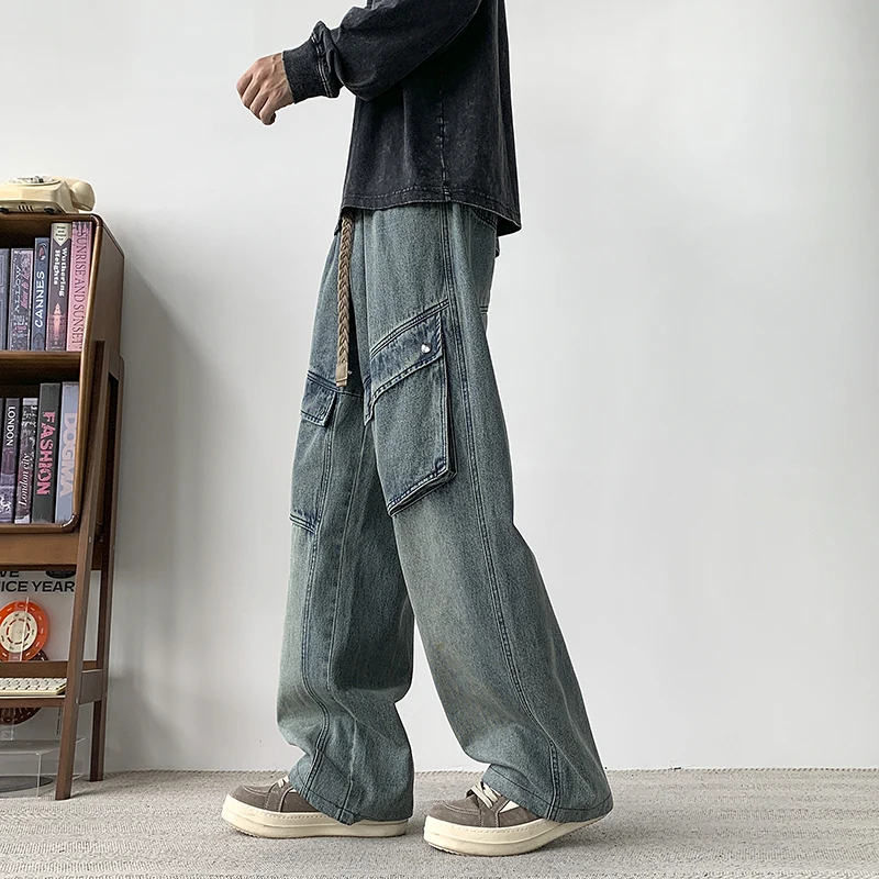 2026 Spring Wide Leg Trouser Straight Tube Multi Pocket Retro Skinny Jeans Men's Loose Versatile Work Pants