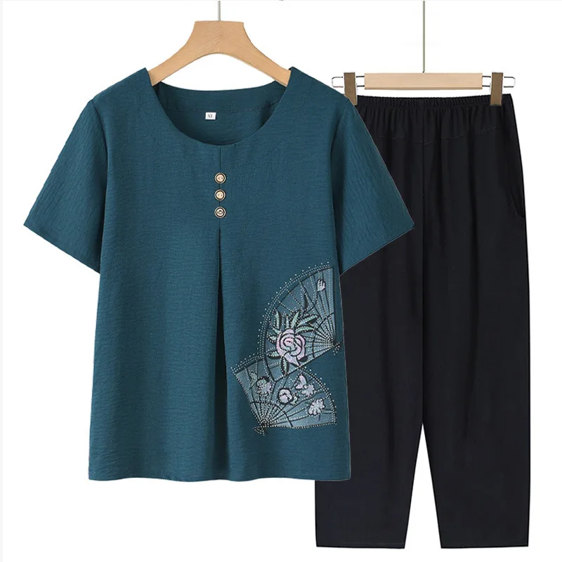 半袖と綿のパジャマセット,女性用,カプリパンツ,ヴィンテージ,プリント,おばあちゃんの服,母親,XL-5XL