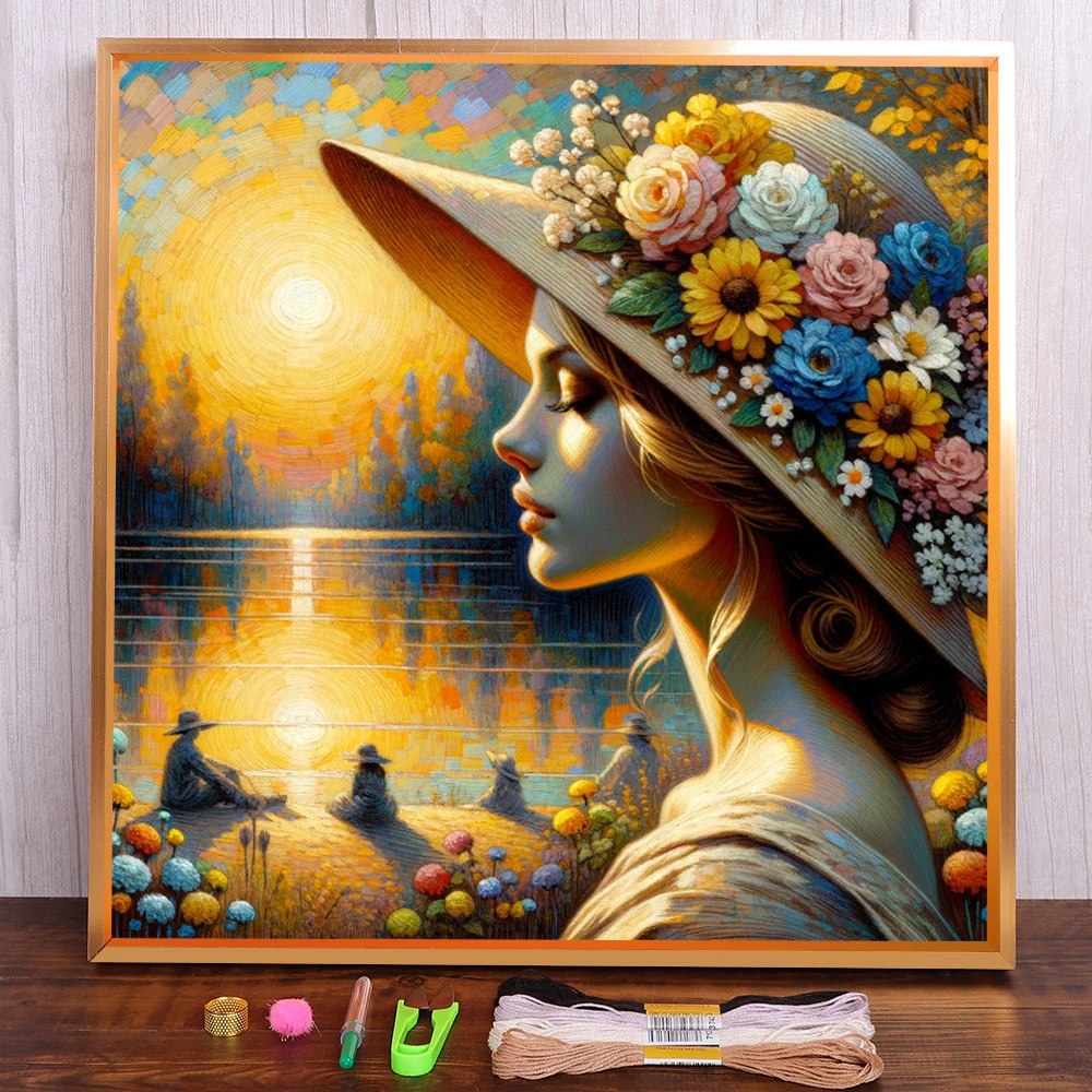 Portrait Girl Flower Cross-Stitch Complete Kit DIY Embroidery Handiwork Knitting Sewing Needlework Promotions Wholesale Design