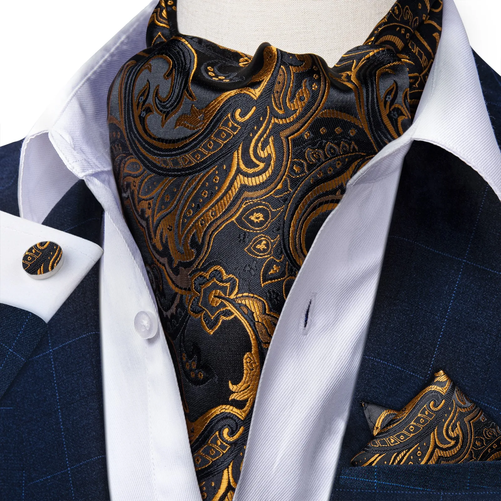 Barry.Wang Sciarpa alla moda Cravatta da uomo Ascot Corallo Marrone Viola Jacquard Cravatta floreale Set Gemelli Hankie Regalo di nozze