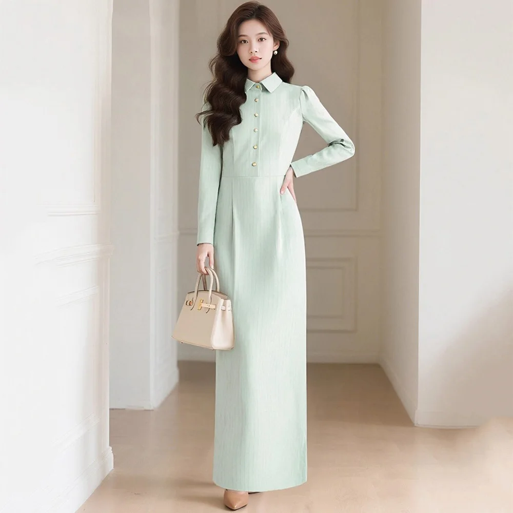 

New Women Elegant Striped Dress Fashion Turn-down Collar Long Sleeve Slim Waist Dress Gentlewomen Light Green Long Dress Female