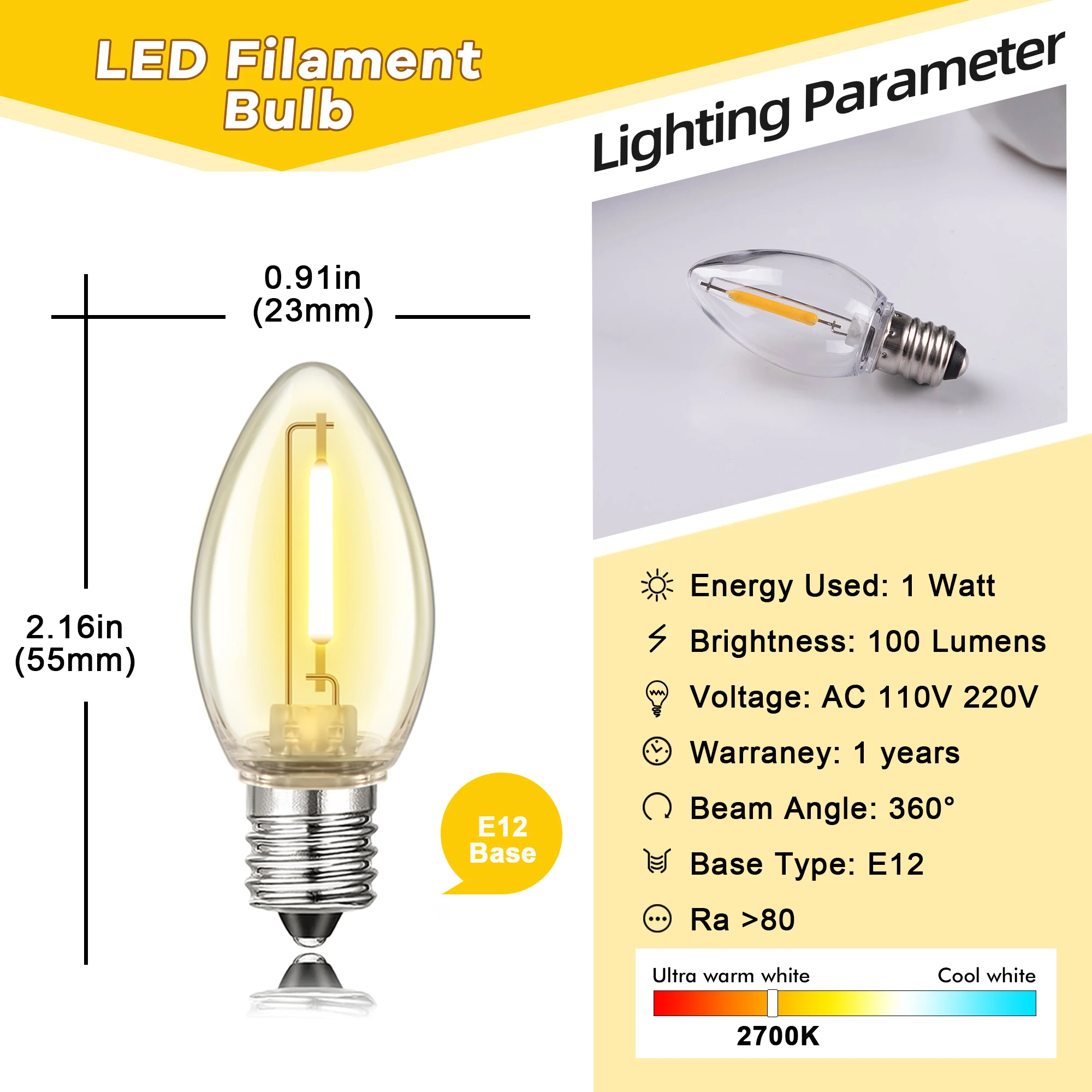 25PCS C7 Plastic LED Replace String Light Bulb Christmas Decoration E12 Base Warm White 2700K 1W Shatterproof Candle Edison Bulb