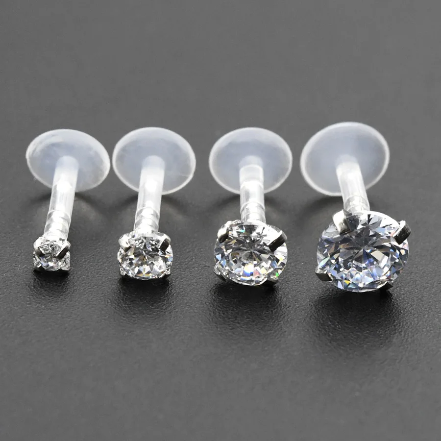 4Pcs 2~5mm CZ Soft Acrylic Nose Stud Earrings Flat Back Labret Lip Piercing Ear Jewelry Tragus Helix Piercing 16G 6/8mm Post