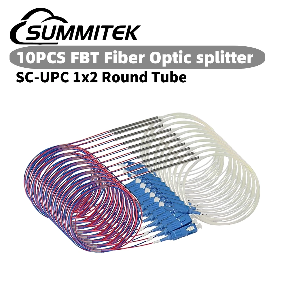 

SUMMITEK 10pcs 1x2 FBT Fiber Optic Splitter Steel Round Tube SC UPC Mini Splitter 0.9mm Unbalance Coupler with Connector