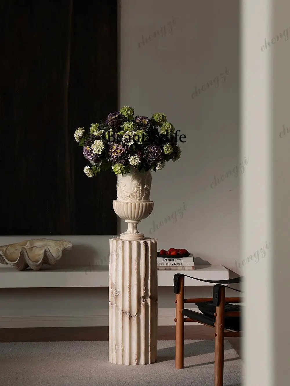 French medieval style ornament ancient Greek sculpture villa hotel lobby Roman column floor installation