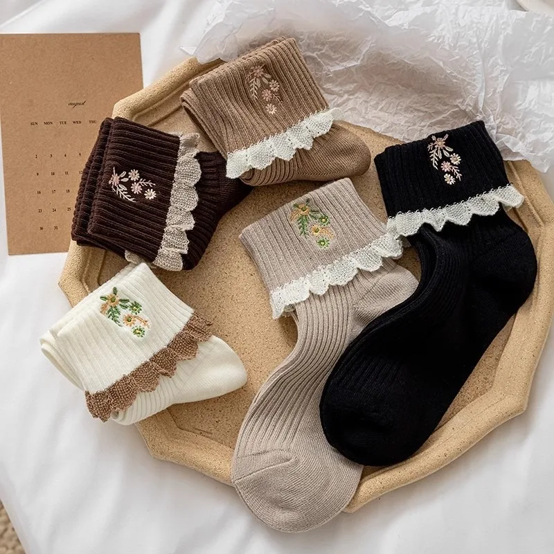 5 Pairs Spring Autumn Winter Korean Version Women's Long Socks Student White Middle Tube Cotton Socks Cute Japanese Ankle Socks