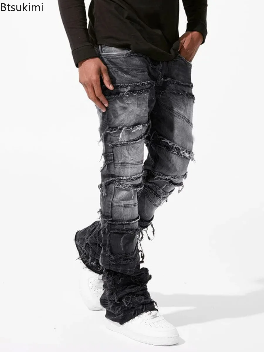 New Men's Patchwork Denim Pants Stacked Jeans Ripped Washed Frayed Pants Vintage Street Style Slim Fit Straight Trousers for Men