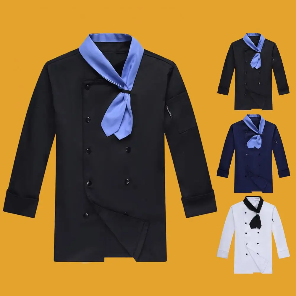 Kitchen Chef Jackets with Scarf Tie Double-Breasted Buttons Stand Collar Long Sleeves Women Men Chef Waiter Uniform Shirt