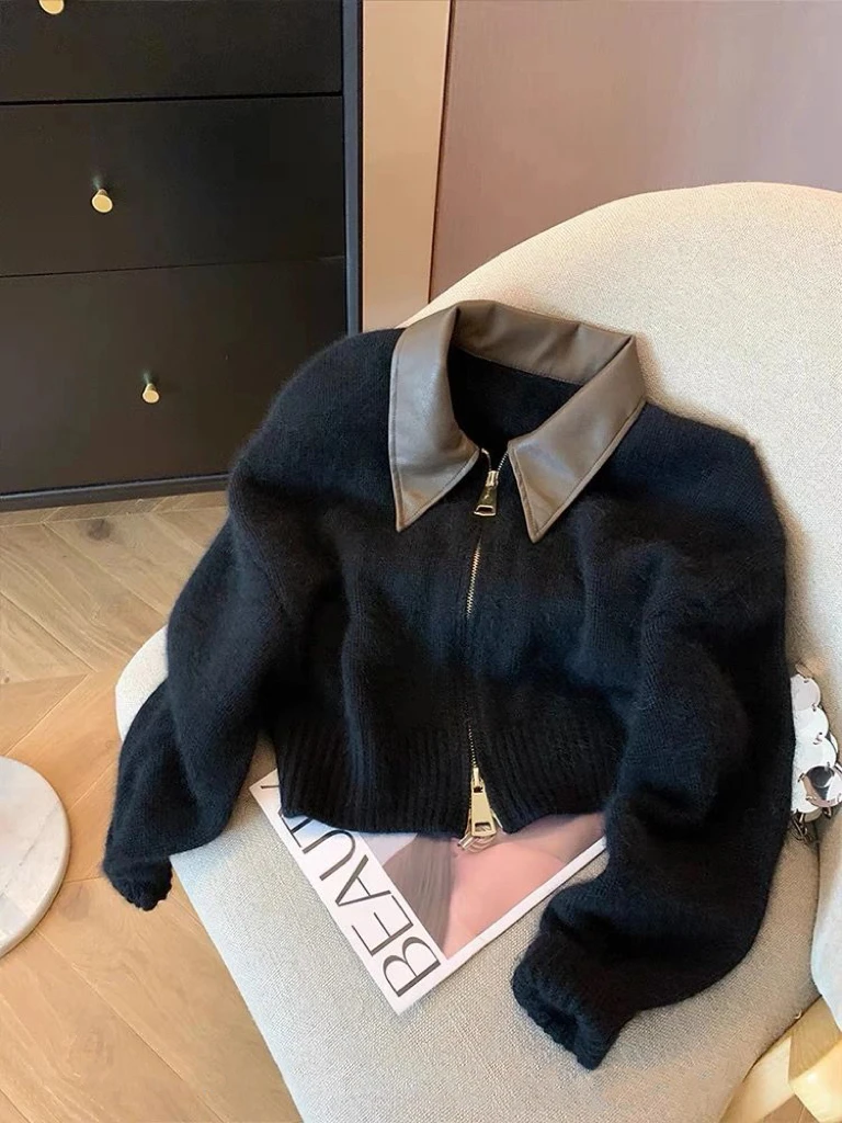 High End PU Lapel Splicing Knitted Cardigan 2024 New Autumn/Winter Women\'s Double Zipper Design Lazy Style Warm Sweater Jacket